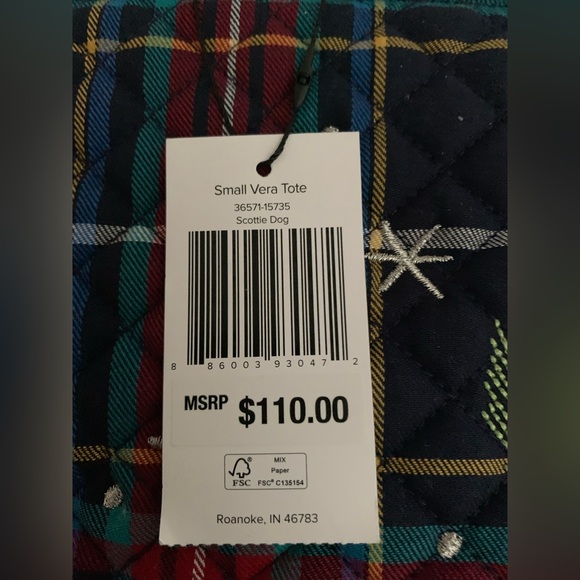 NWT Vera Bradley Tote: Blue/Red Quilted Plaid Fabric, Black Velvet Dog 15x11x6in - Picture 3 of 14